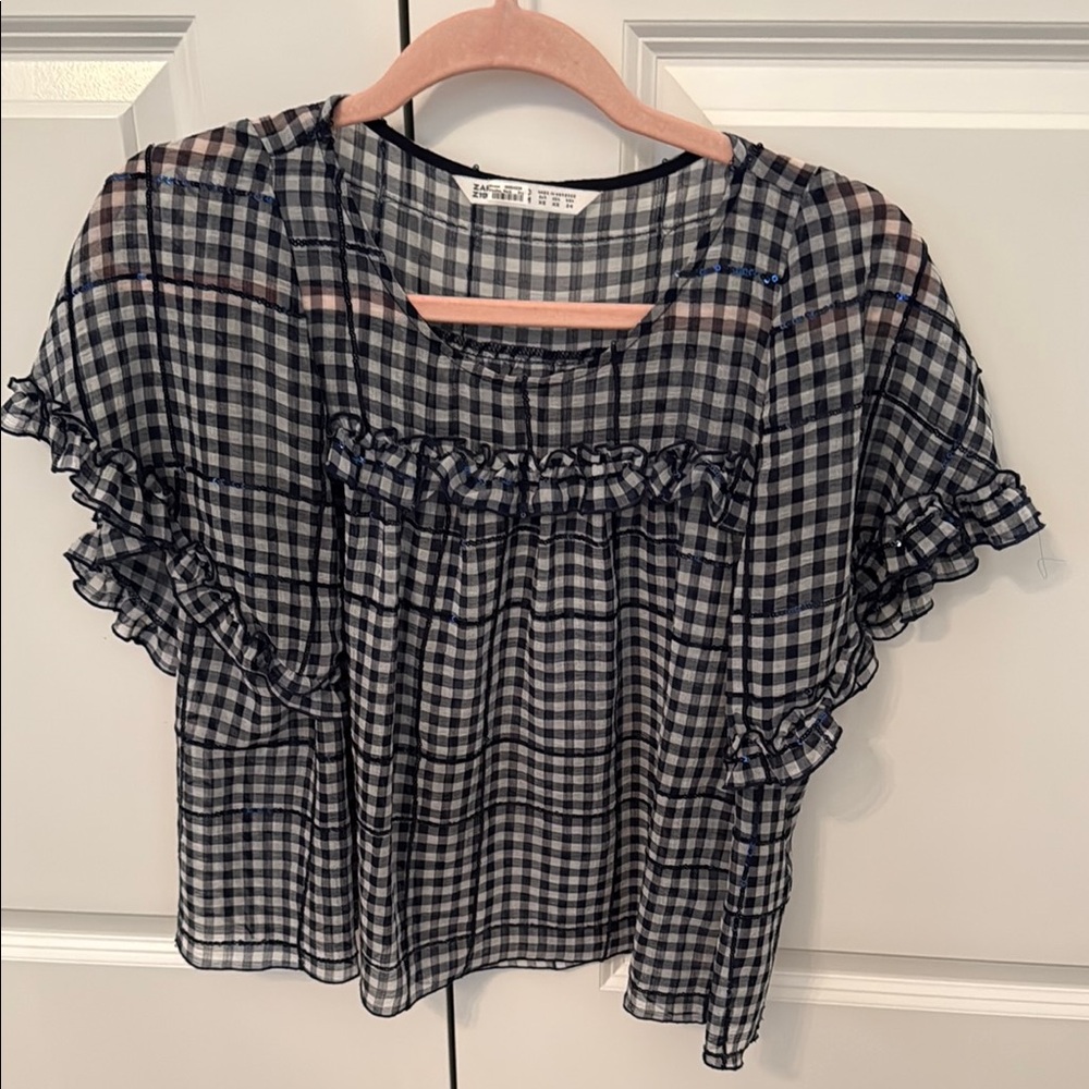 ZARA Women's Navy and White Checkered Top with sequins